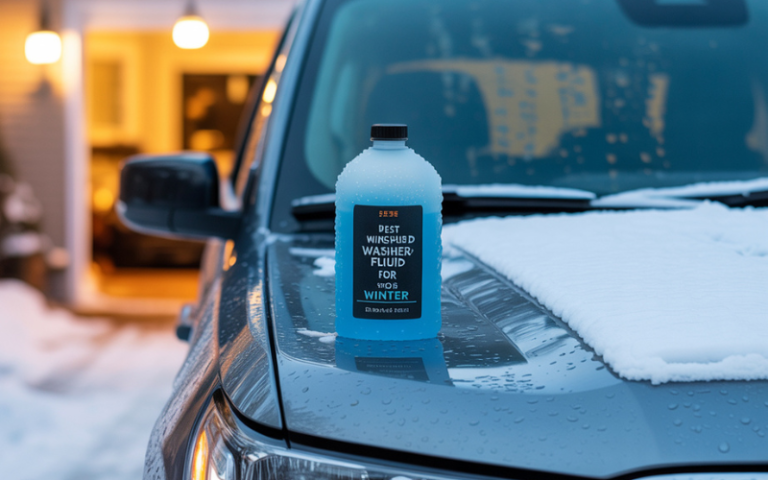 A bottle of the best windshield washer fluid for winter placed on a snow-covered car hood, ready for extreme cold weather conditions