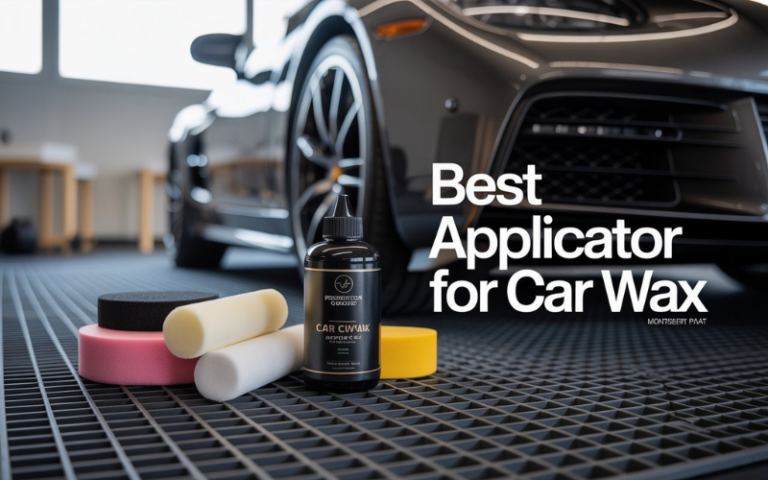 A variety of car wax applicators including foam and microfiber pads displayed beside a bottle of car wax, positioned in front of a sleek black sports car in a modern garage setting. Text on the image reads “Best Applicator for Car Wax.