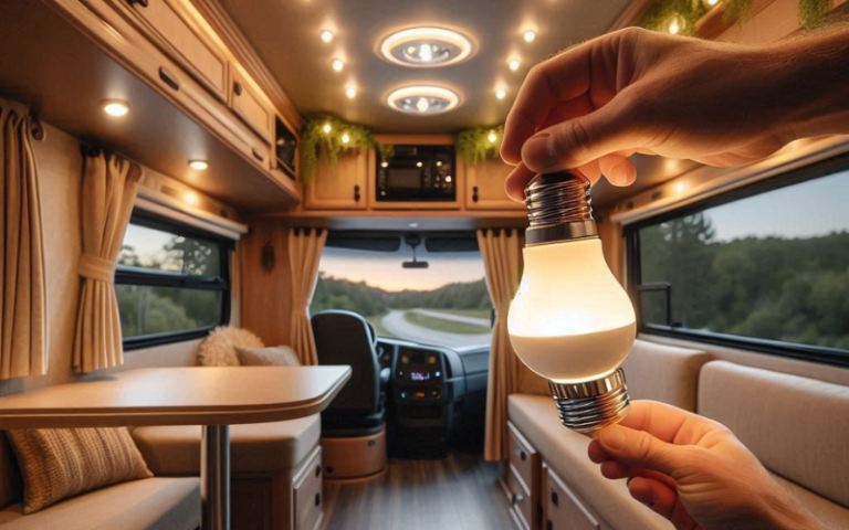 12 volt led light bulbs for rv interior mounted on RV ceiling providing bright, energy-efficient lighting