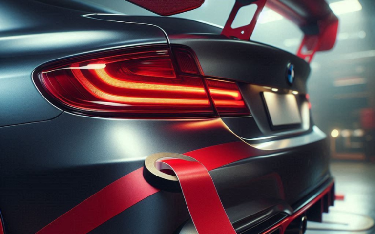 A close-up view of the strongest 3M tape for spoiler securely applied to a car trunk edge