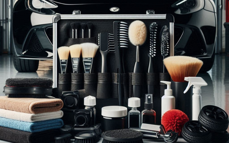 Complete professional car detailing kit with brushes, towels, and cleaning tools displayed in front of a luxury black car