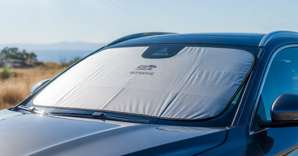 Best folding windshield sun shade installed on a car for maximum UV and heat protection