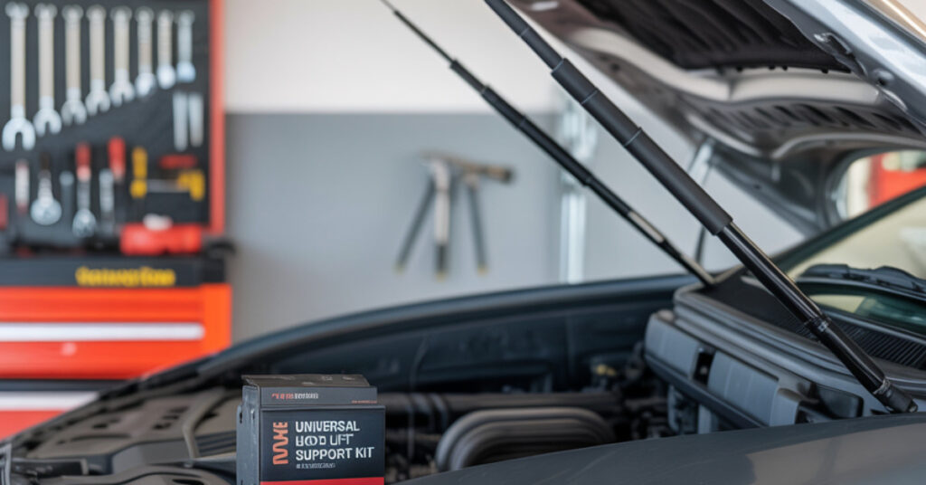 universal hood lift support kit installed on car for DIY engine repair