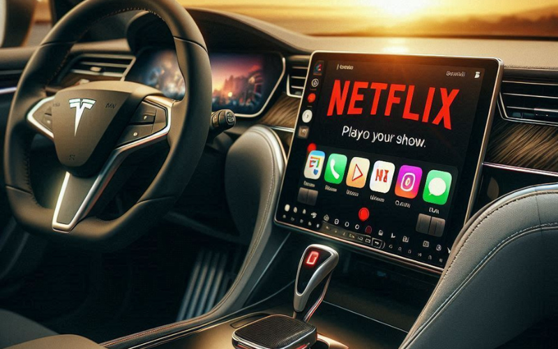 Tesla interior showing Netflix on infotainment screen via the best wireless CarPlay adapter with Netflix support