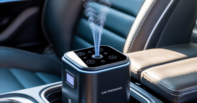 Best air freshener for smokers car placed on car console emitting fresh mist