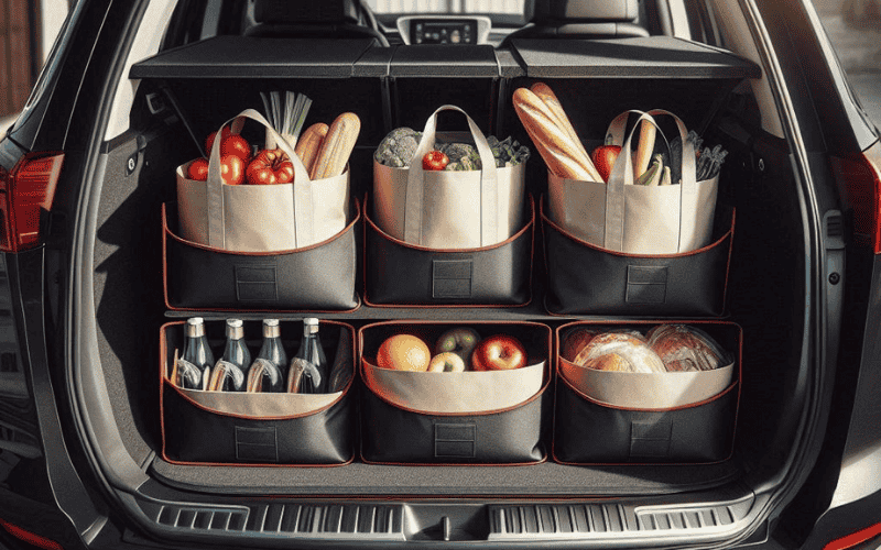 Best trunk organizer for groceries neatly storing fresh produce, bread, and bottles in car trunk compartments