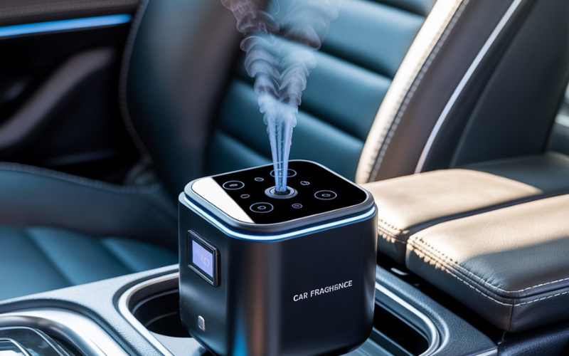 Best air freshener for smokers car placed on car console emitting fresh mist