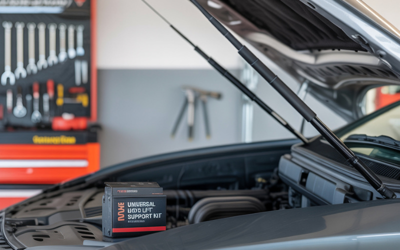 universal hood lift support kit installed on car for DIY engine repair