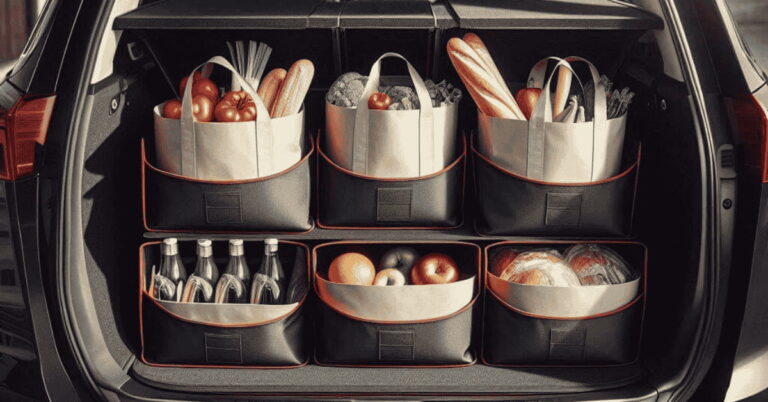 Best trunk organizer for groceries neatly storing fresh produce, bread, and bottles in car trunk compartments