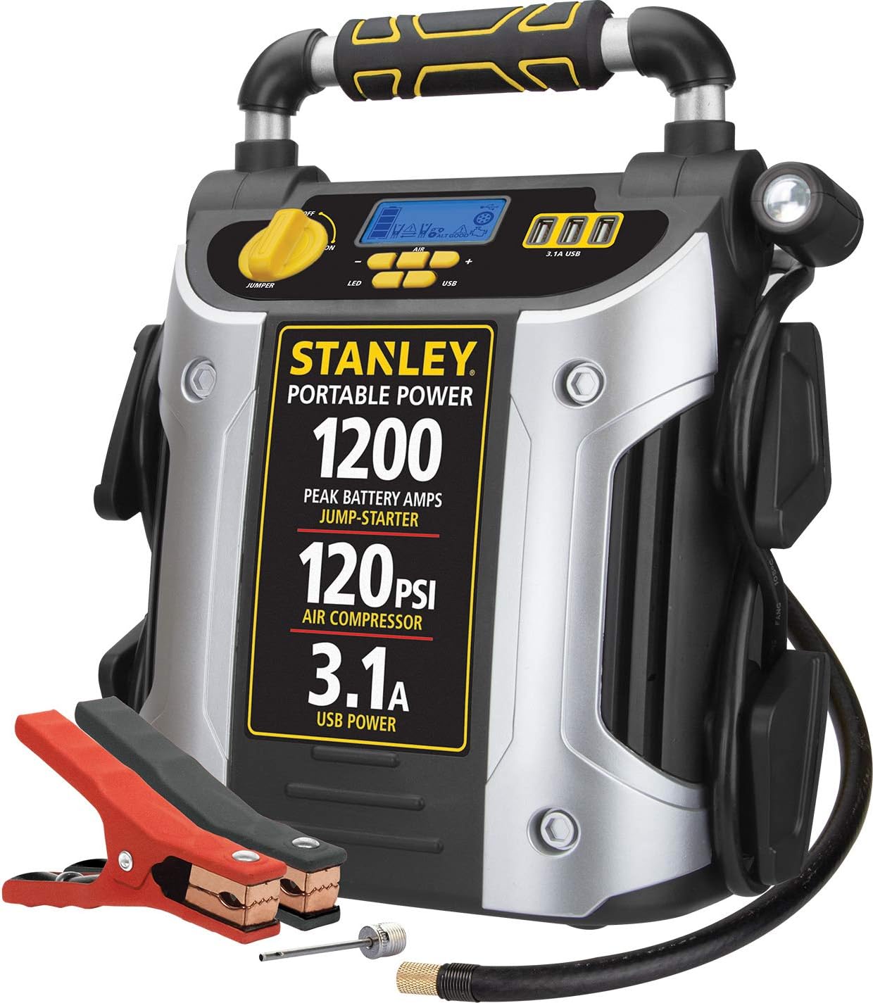 Combines 1000 peak amps jump starter with a 120 PSI air compressor and a rotating LED light.