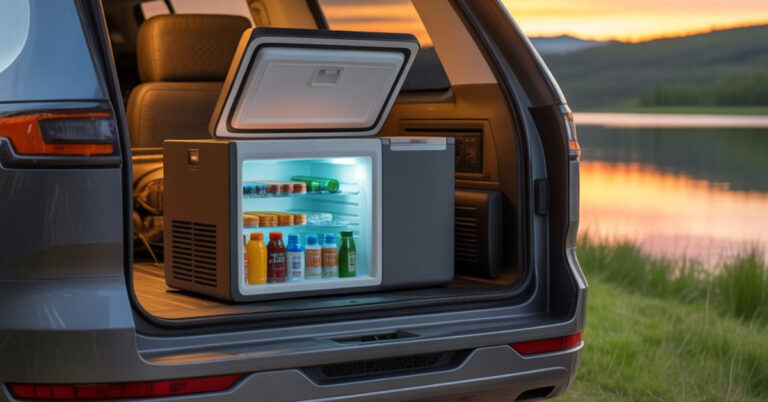 Portable fridge for car with battery keeping drinks and snacks cool during travel