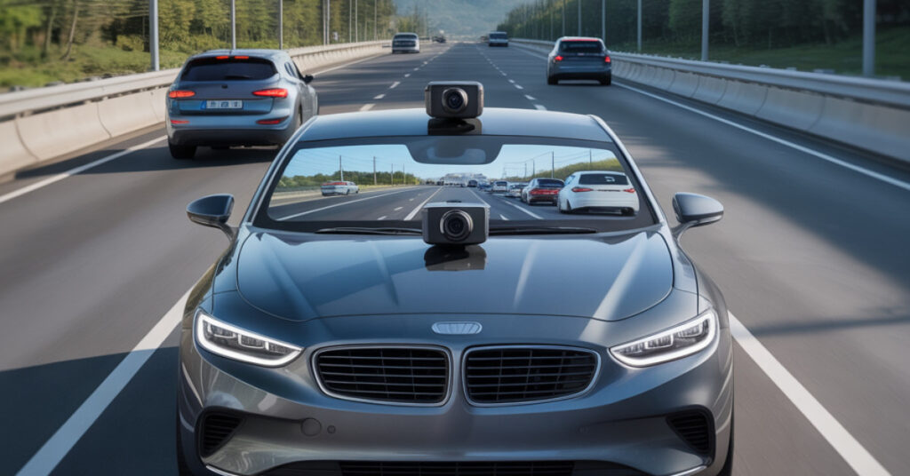 Car driving with the best wireless dash cam front and rear installed for full coverage on the road.