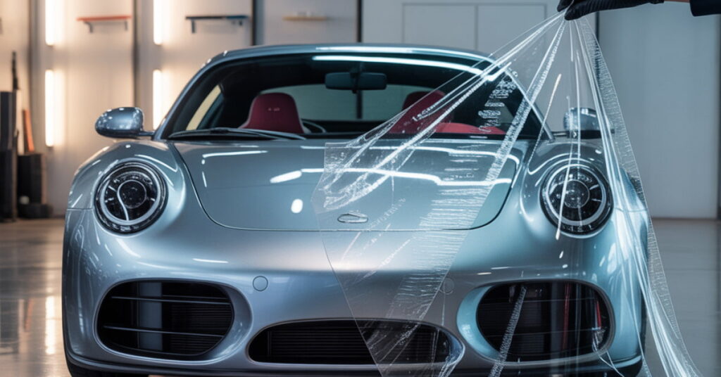 3m clear protective film for car's being applied on a silver vehicle for paint protection