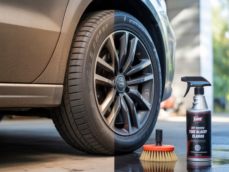Best tire cleaner to remove browning – before and after results with cleaner and brush.
