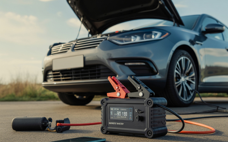 Portable battery charger and jump starter combo connected to a car on the roadside