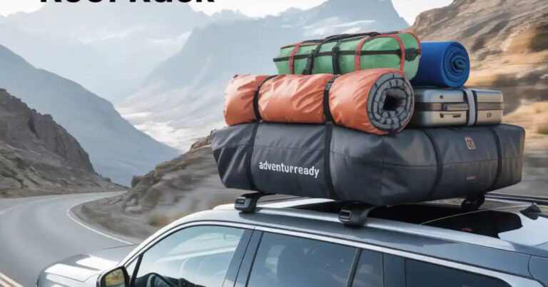 SUV driving with the best rooftop cargo bag without roof rack fully loaded with gear on a mountain road