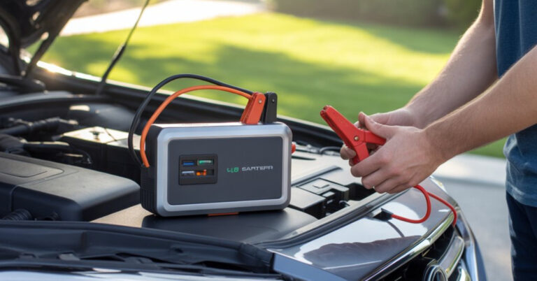 Man using the best compact car jump starter to power up a vehicle battery on the roadside