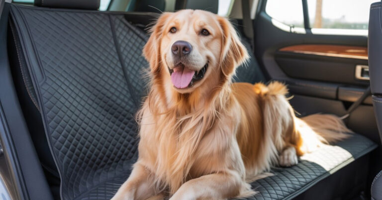 Golden Retriever sitting on the best hard bottom dog seat cover in a car