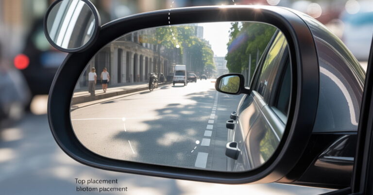 Blind spot mirror top or bottom placement comparison on a car side mirror for improved visibility.