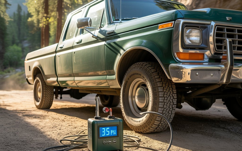 Heavy-duty truck setup with the best portable tire inflator for trucks in use on rugged terrain

