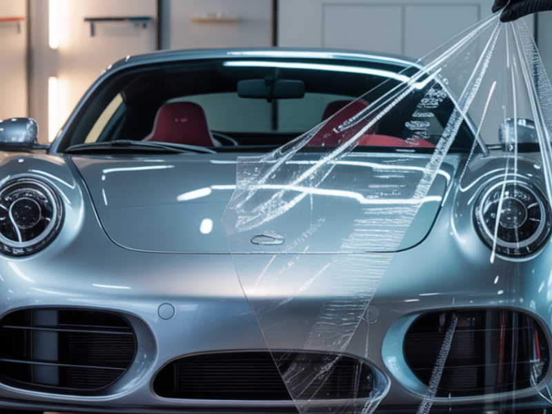 3m clear protective film for car's being applied on a silver vehicle for paint protection