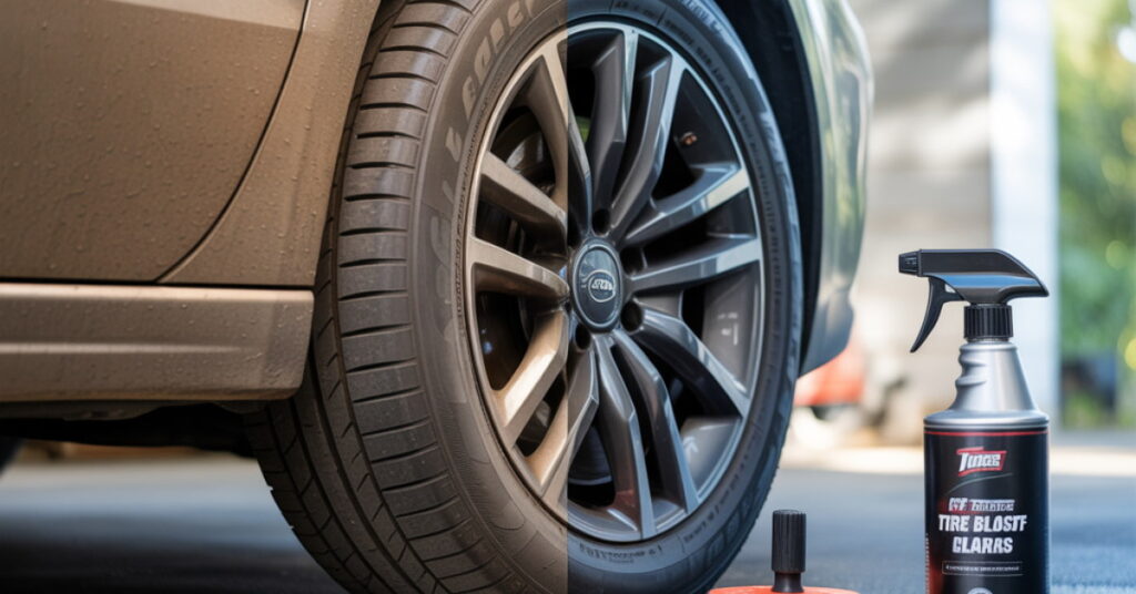 Best tire cleaner to remove browning – before and after results with cleaner and brush.