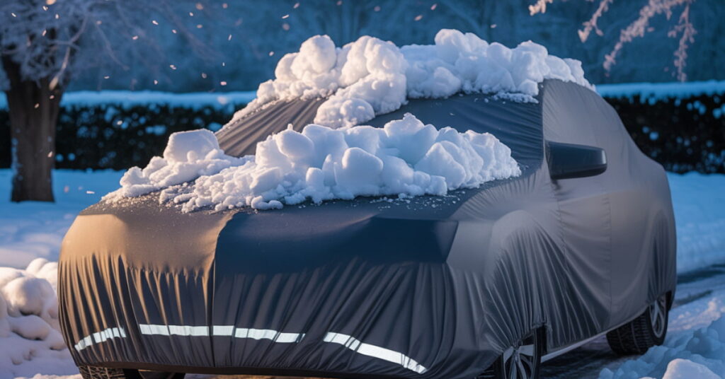 Car protected with a top-rated windshield cover for snow and ice during winter