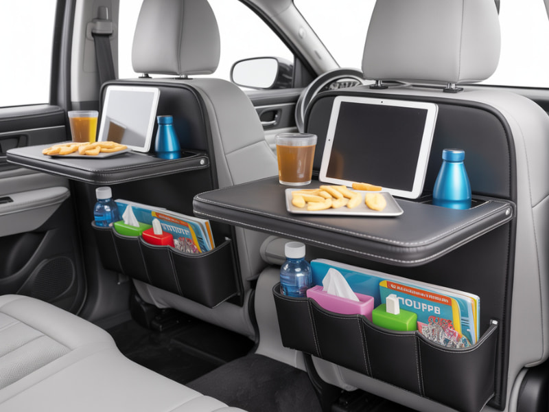 best back seat organizer with tray holding tablets, drinks, and snacks in a car