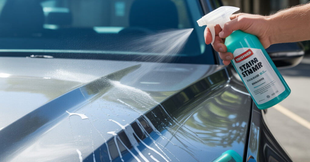 Best car stain remover exterior being sprayed on a car hood for effective stain cleaning
