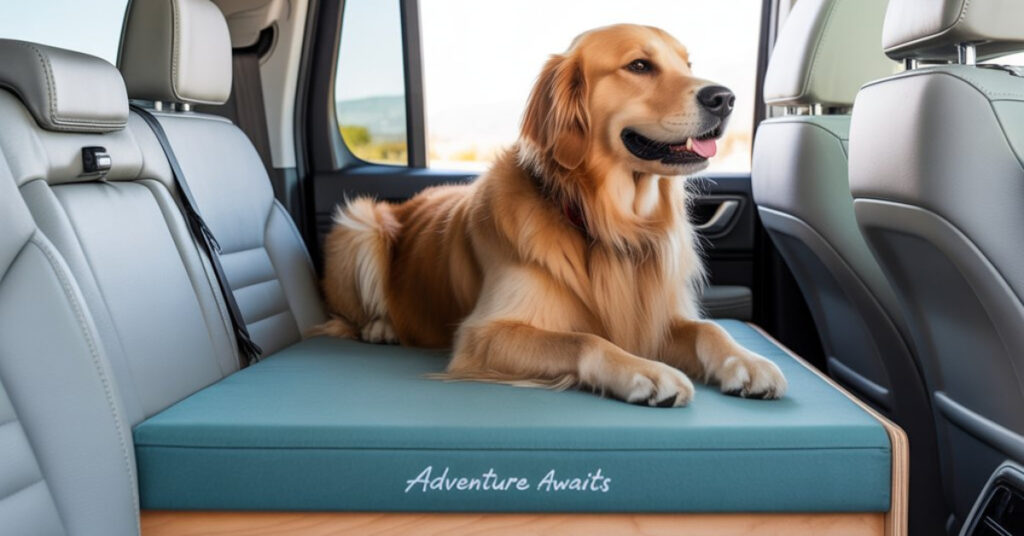 DIY backseat extender for dogs in SUV with golden retriever lying comfortably on padded platform