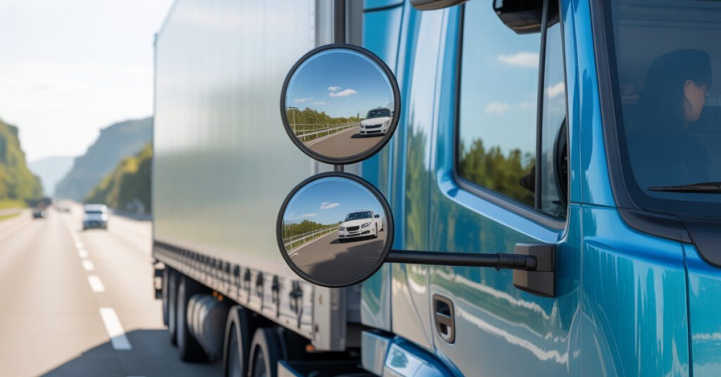 Commercial truck blind spot mirrors showing highway traffic for safer driving