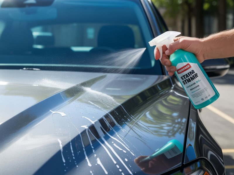 Best car stain remover exterior being sprayed on a car hood for effective stain cleaning
