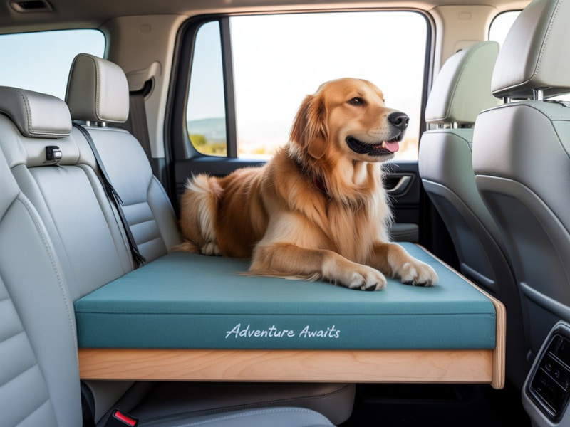 DIY backseat extender for dogs in SUV with golden retriever lying comfortably on padded platform
