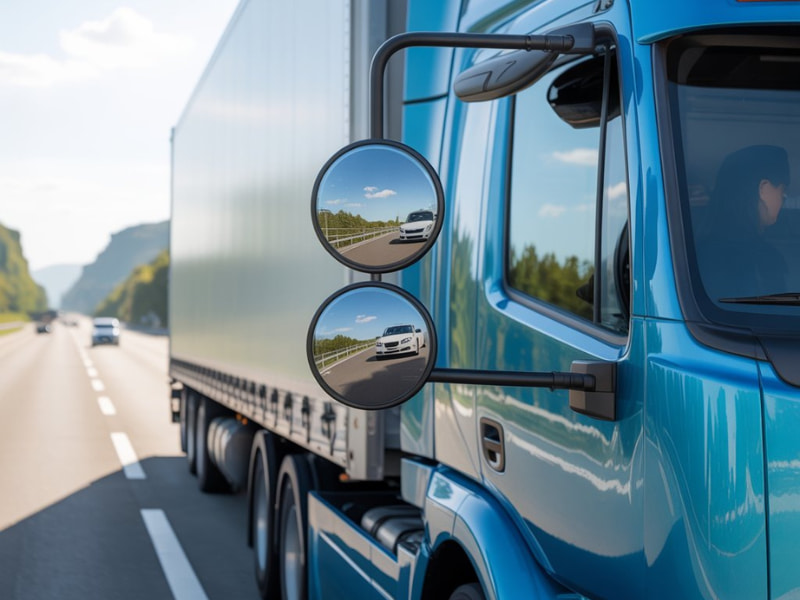 Commercial truck blind spot mirrors showing highway traffic for safer driving