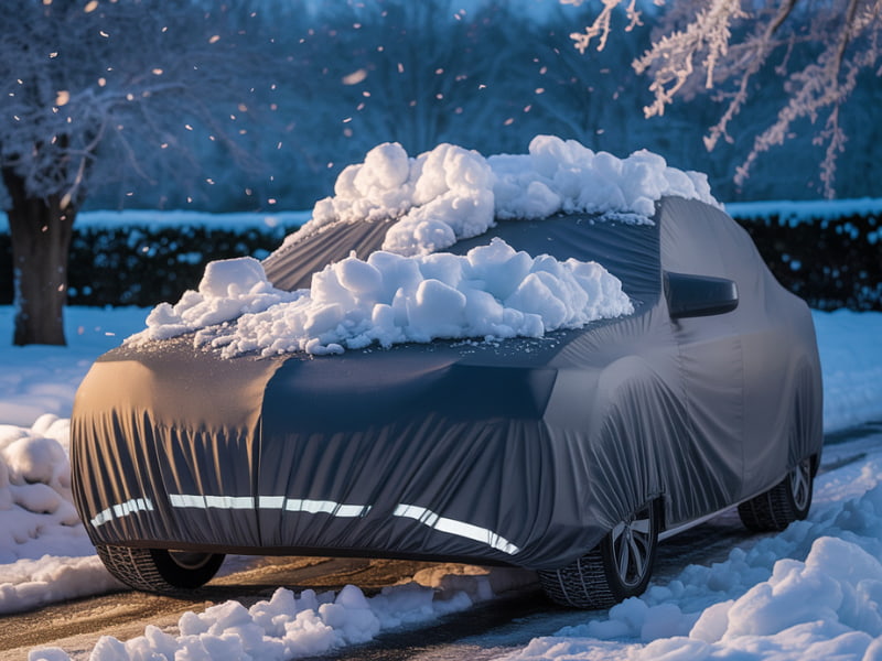 Car protected with a top-rated windshield cover for snow and ice during winter