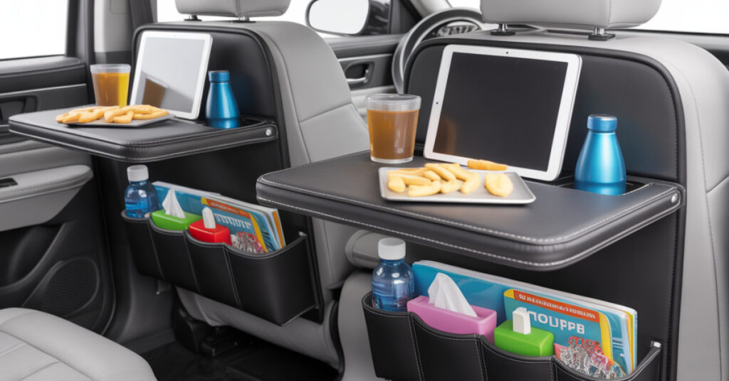 best back seat organizer with tray holding tablets, drinks, and snacks in a car