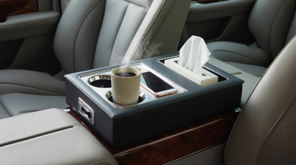 Car armrest storage box with cup holder, phone slot, and tissue box in a luxury car interior.