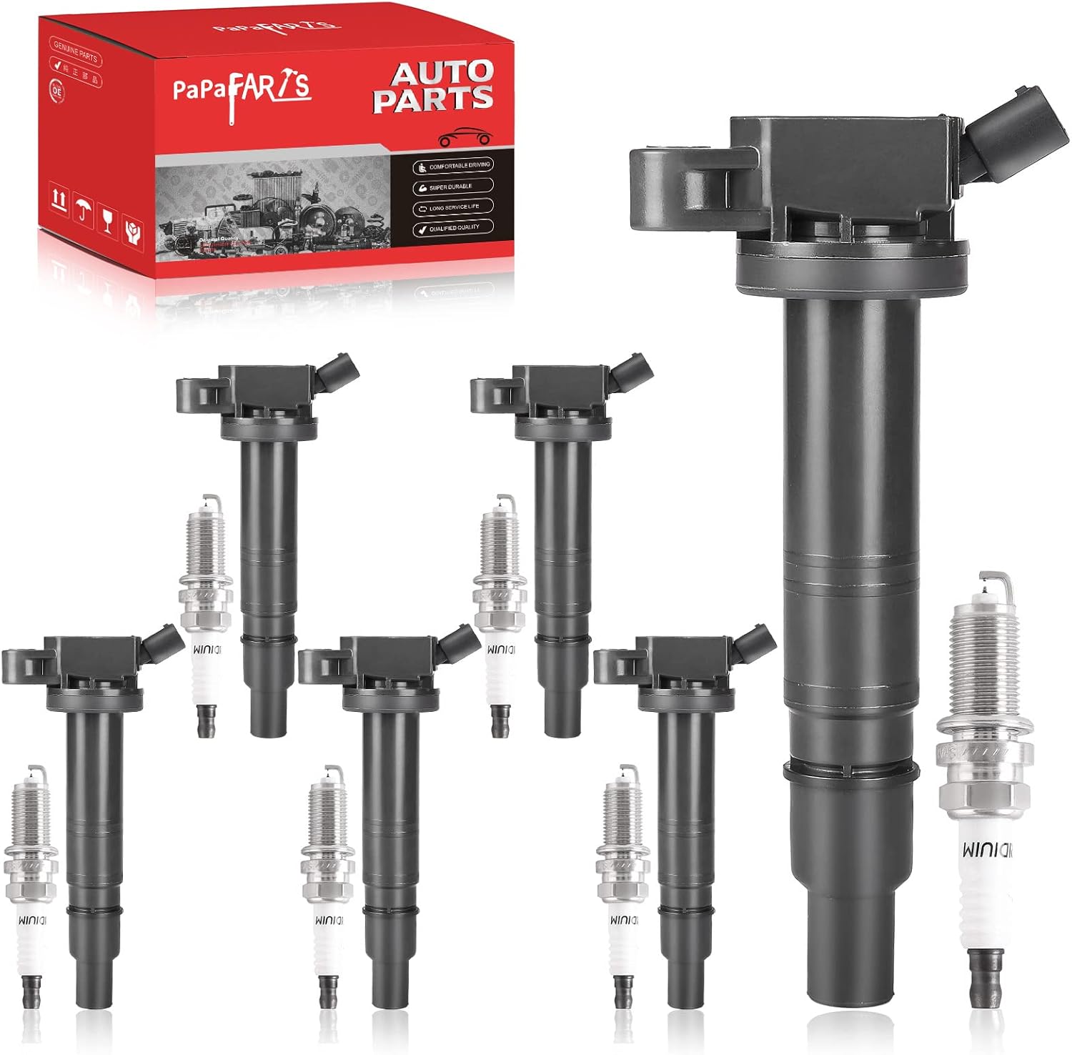 PAPAPARTS Set of 6 Ignition Coil Pack UF495 & Double Iridium Spark Plug