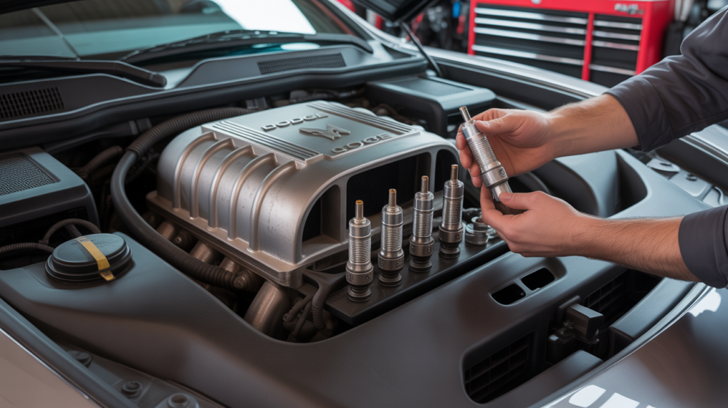 Mechanic installing the best spark plugs for Dodge Charger V6 engine to improve performance and reliability.