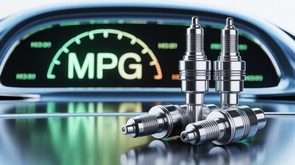 Best spark plugs for fuel efficiency displayed in front of an MPG meter showing improved fuel economy.