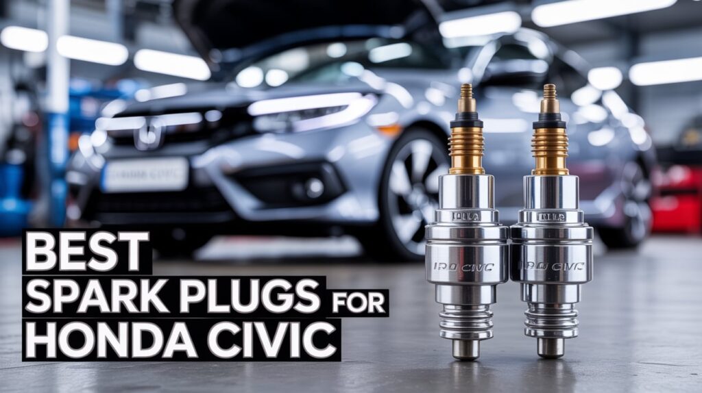 best spark plugs for Honda Civic placed in front of a modern Honda Civic car inside a workshop for improved performance and reliability