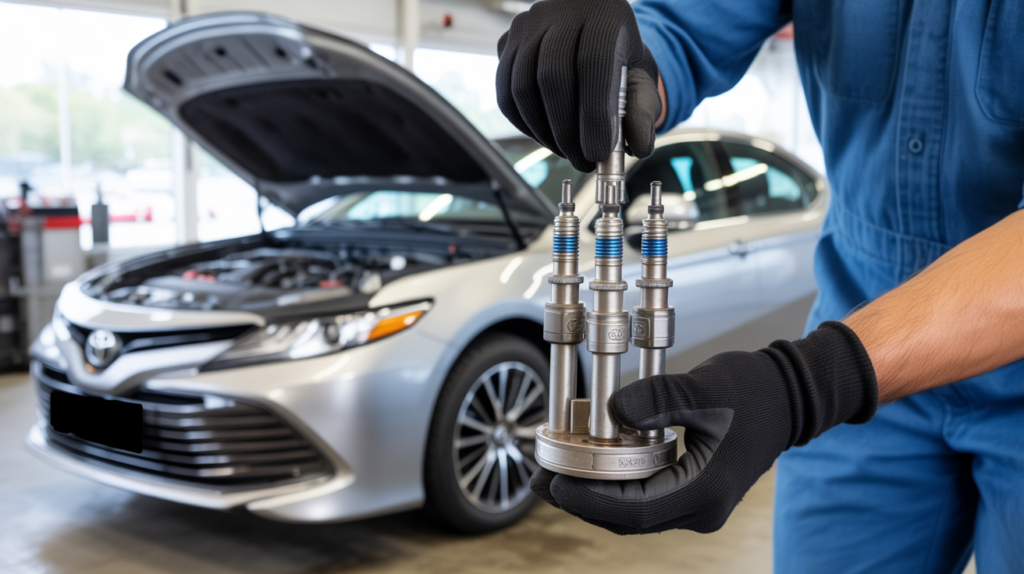 echanic holding the best spark plugs for Toyota Camry during maintenance in a workshop setting.