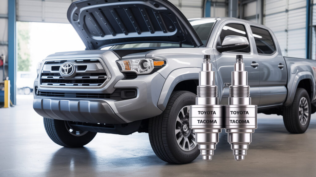 best spark plugs for toyota tacoma displayed near a Toyota Tacoma truck in a garage setting for improved performance and reliability.