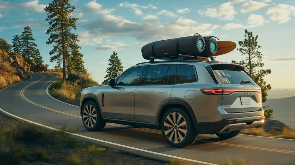 SUV with car top carrier without roof rack driving on mountain road with luggage and gear for a road trip.