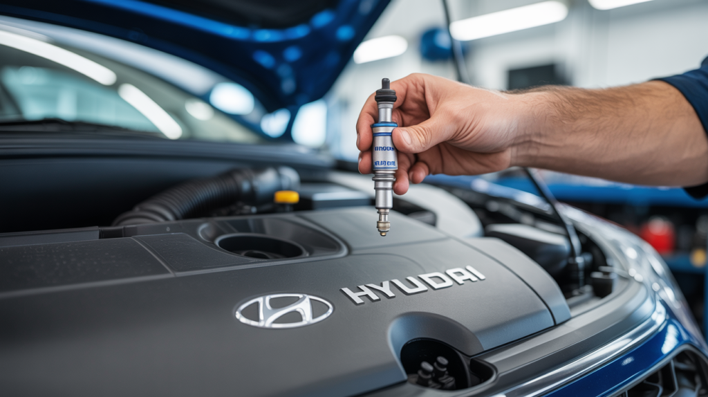 Mechanic installing spark plugs for Hyundai Elantra engine to enhance performance and fuel efficiency.