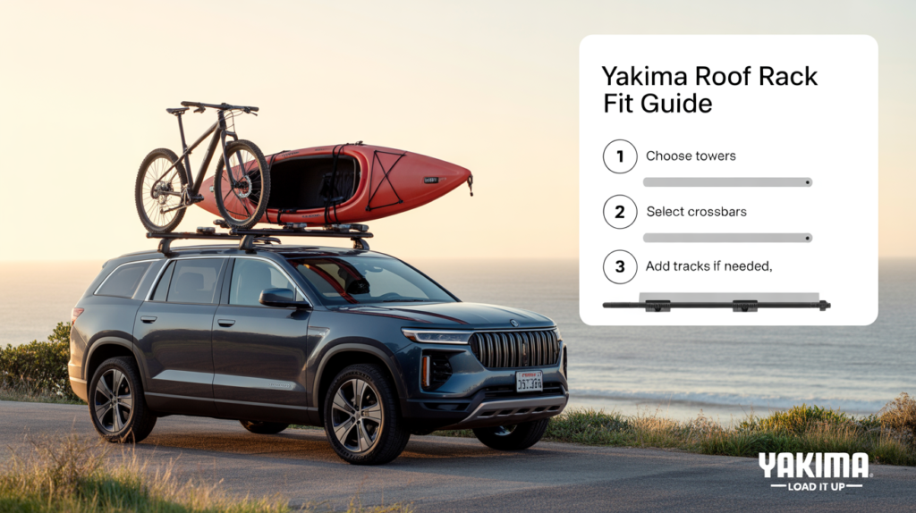 yakima roof rack fit guide with step-by-step instructions to choose towers, select crossbars, and add tracks for a customized roof rack system