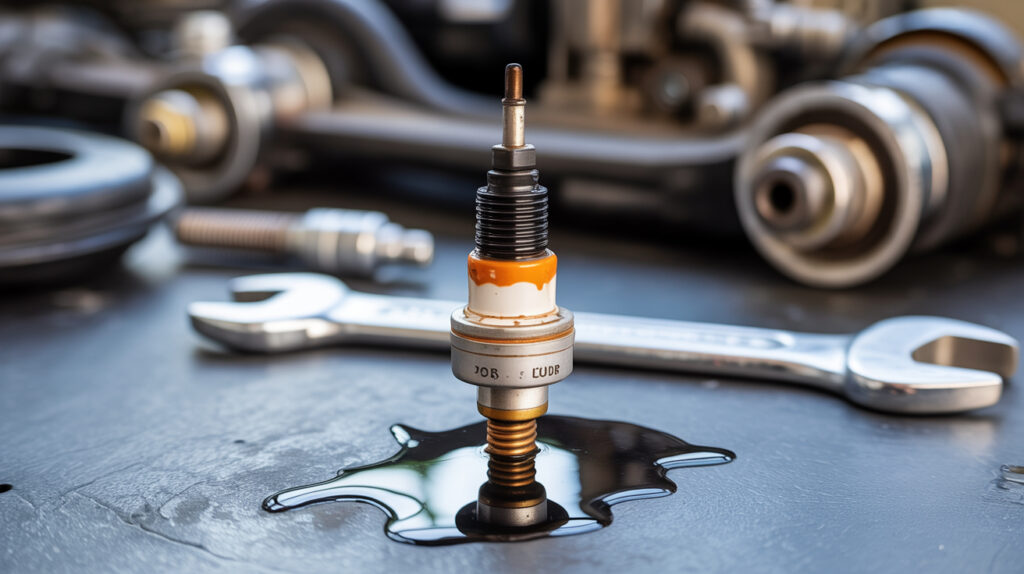 A close-up view of a spark plug standing in a small fuel puddle on a workbench with tools in the background, illustrating the issue of why is my spark plug wet with fuel.