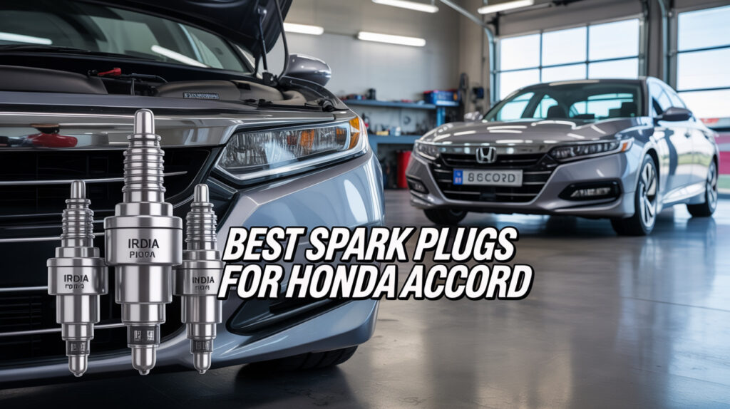 Best spark plugs for Honda Accord shown near the engine bay of a modern Honda Accord in a workshop setting.