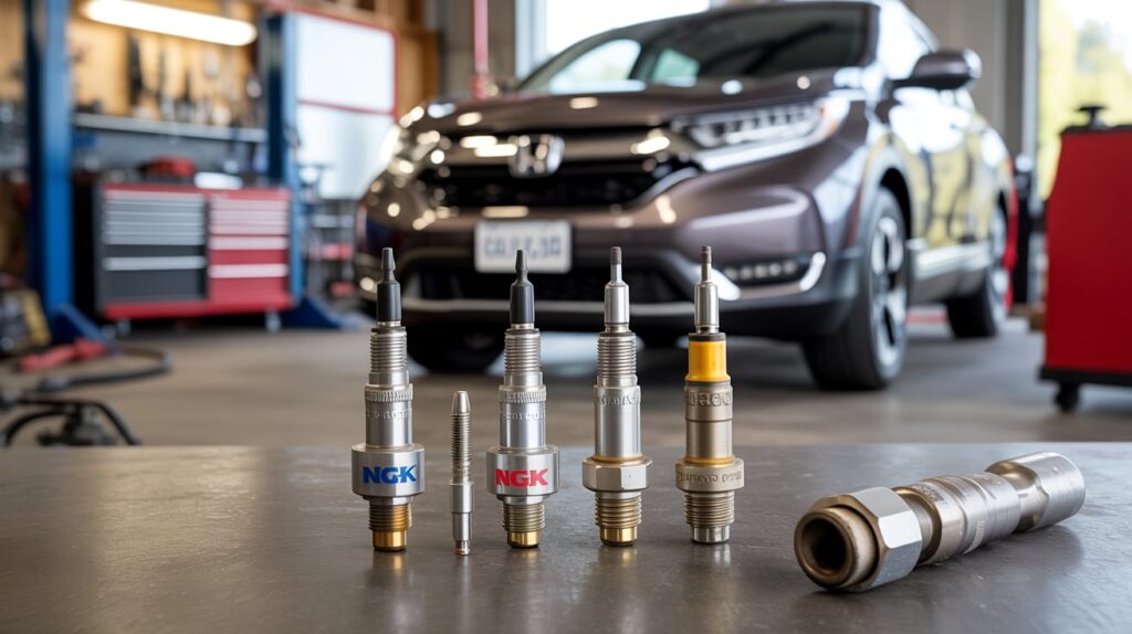 Different types of spark plugs displayed in a workshop with a Honda CRV in the background, representing the best spark plugs for honda crv for maintenance and performance.