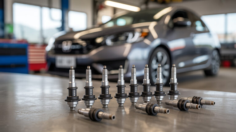 Spark plugs lined up on a workshop table in front of a Honda Fit, demonstrating maintenance and the best spark plugs for Honda Fit.